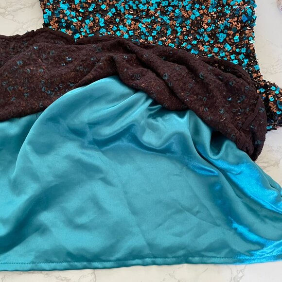 Scala Vintage One Shoulder Blue Bronze Embellished Sequin Mini Dress | Medium - Picture 11 of 11